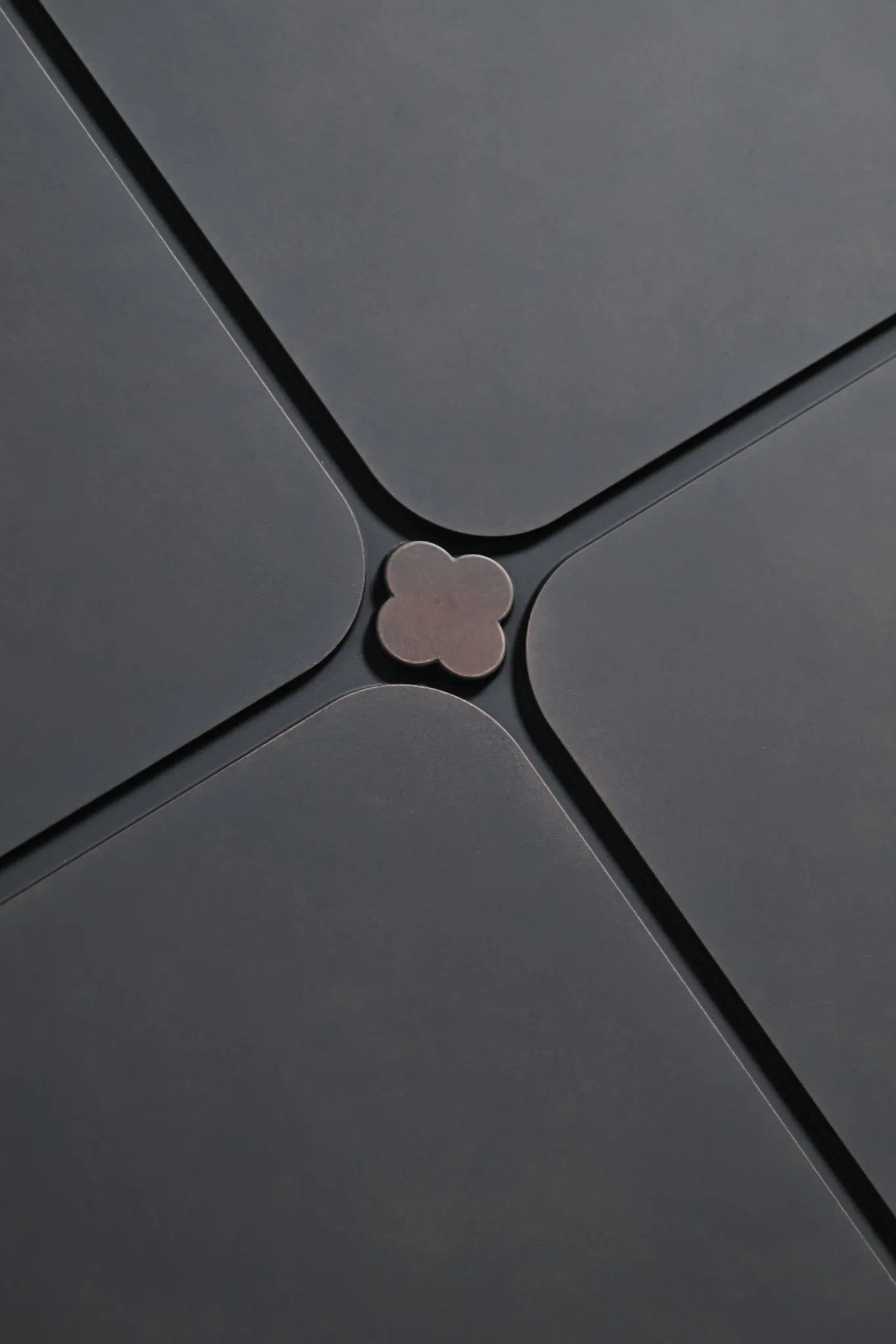 A restrained panel junction showing how line, relief and a small metal accent alter a dark entrance surface