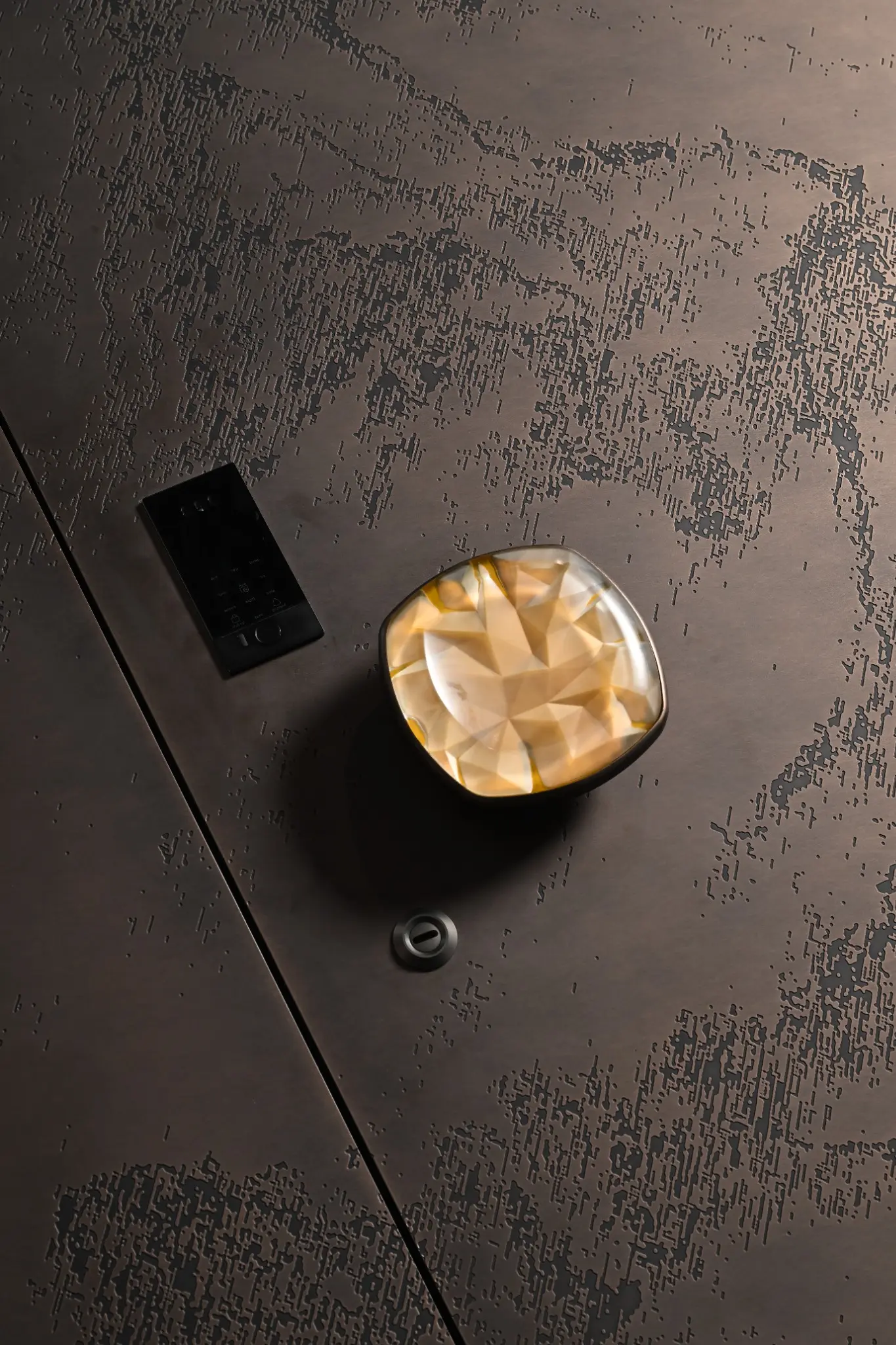 Bronze-gold pull detail set against the mottled project entrance surface