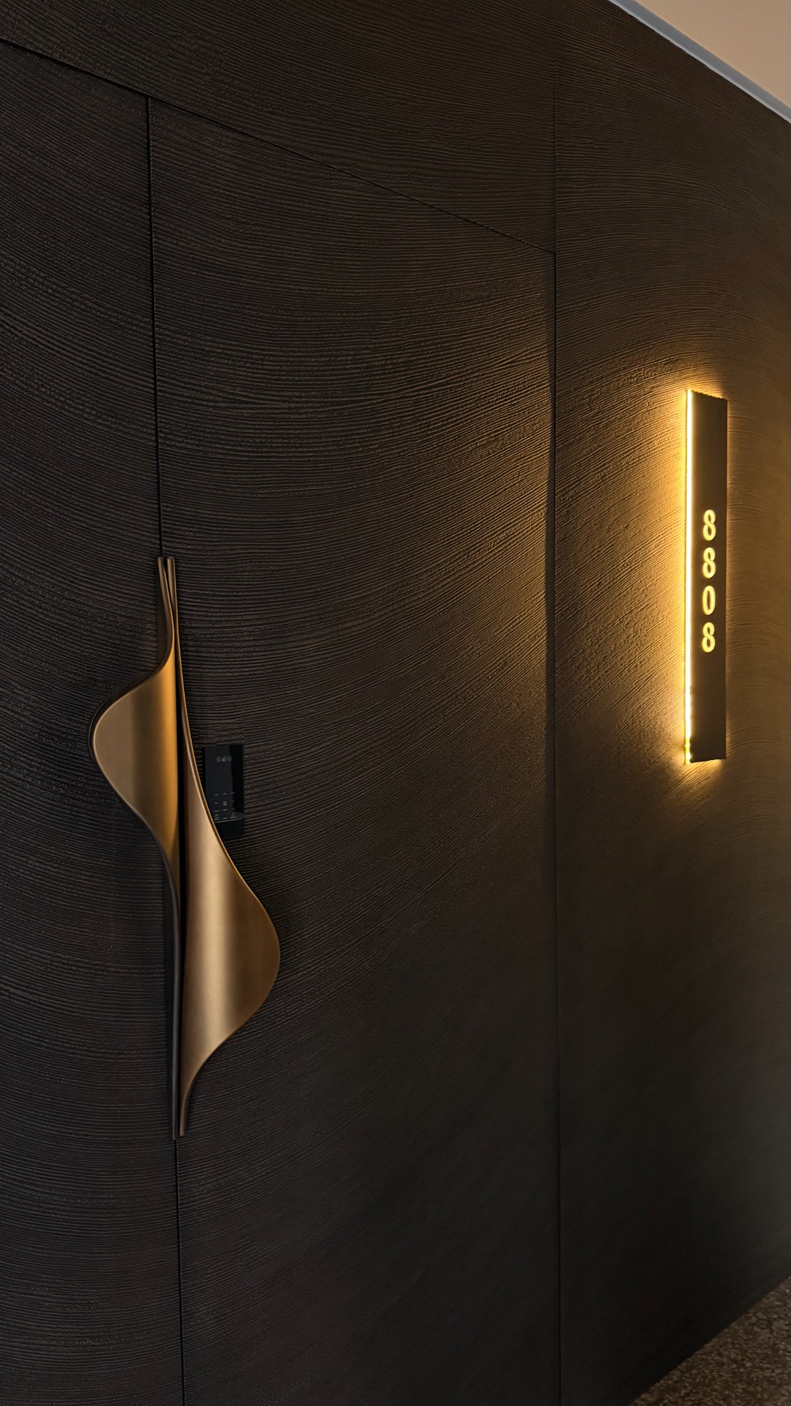 A coordinated sculpted entrance with a bronze pull, continuous textured surround and illuminated 8808 identifier