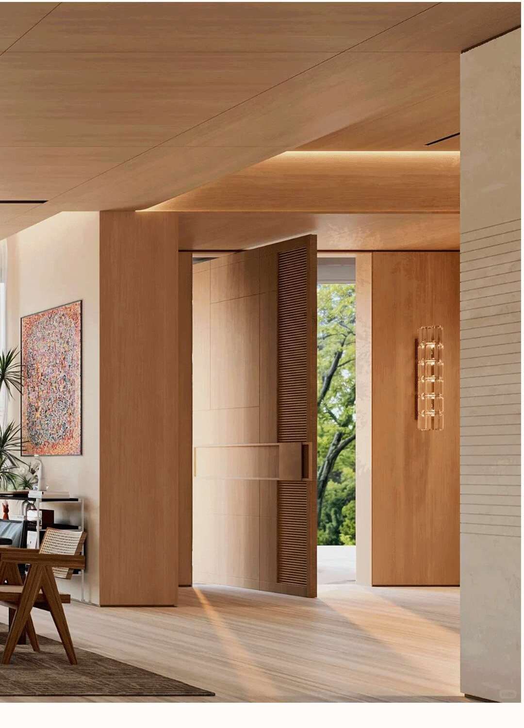 Residential entrance connecting a timber-lined interior with the garden